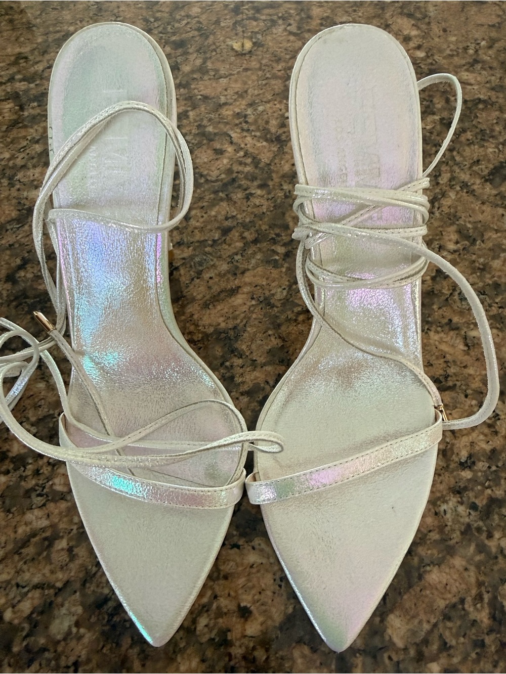 Iridescent Lace-Up Pointed-Toe Heels - White